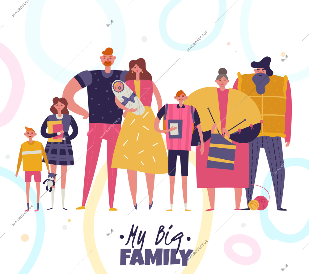 Big happy harmonious family portrait with grandparents young couple with newborn in hands and children of different ages flat vector illustration