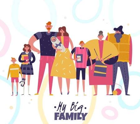 Big happy harmonious family portrait with grandparents young couple with newborn in hands and children of different ages flat vector illustration