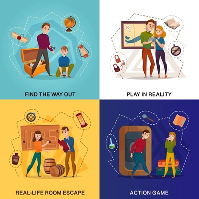 Quest in reality cartoon design concept, room escape, find way out, action game isolated vector illustration