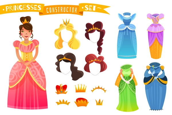 Princesses constructor set with isolated colorful elements of clothes hairdo and crowns cartoon vector illustration