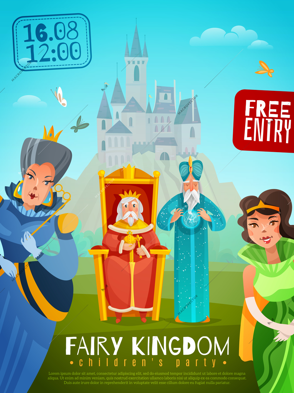 Fairy kingdom  poster with performance date king sitting on throne old wizard princess and queen standing near cartoon vector illustration