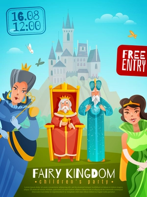 Fairy kingdom  poster with performance date king sitting on throne old wizard princess and queen standing near cartoon vector illustration