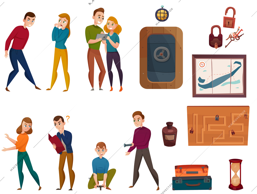 Human characters during quest game in reality, playing elements doorway, keys, maps, cartoon set isolated vector illustration