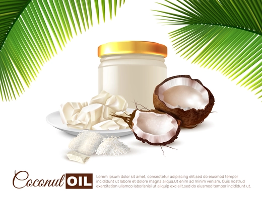 Coconut oil realistic poster with half nuts can of oil and palm leaves on white background vector illustration