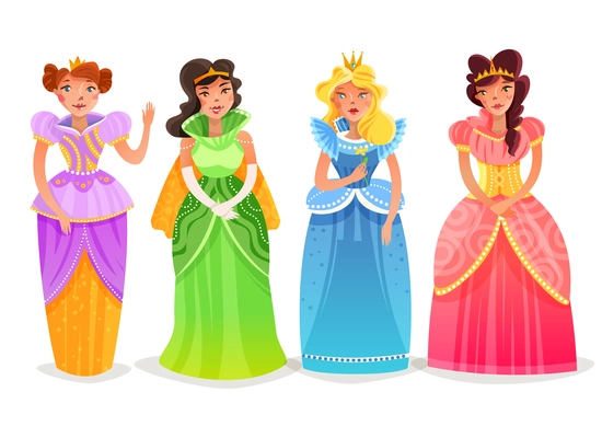 Princesses cartoon set with female characters in bright colorful elegant dresses and crowns  isolated vector illustration