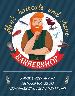 Barber shop cartoon advertising poster on dark background with master and work tools vector illustration