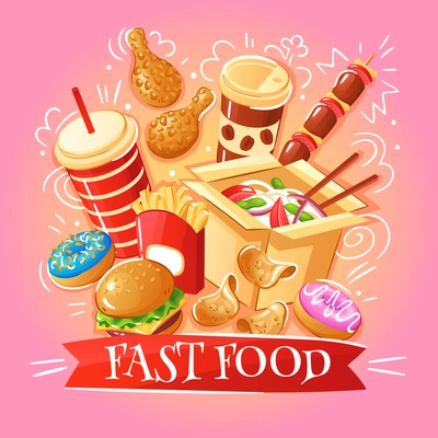 Fast food burgers noodles chicken chips desserts drinks on pink background flat vector illustration