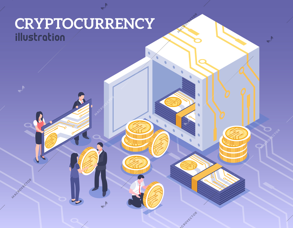 People with bitcoins cryptocurrency isometric background 3d vector illustration