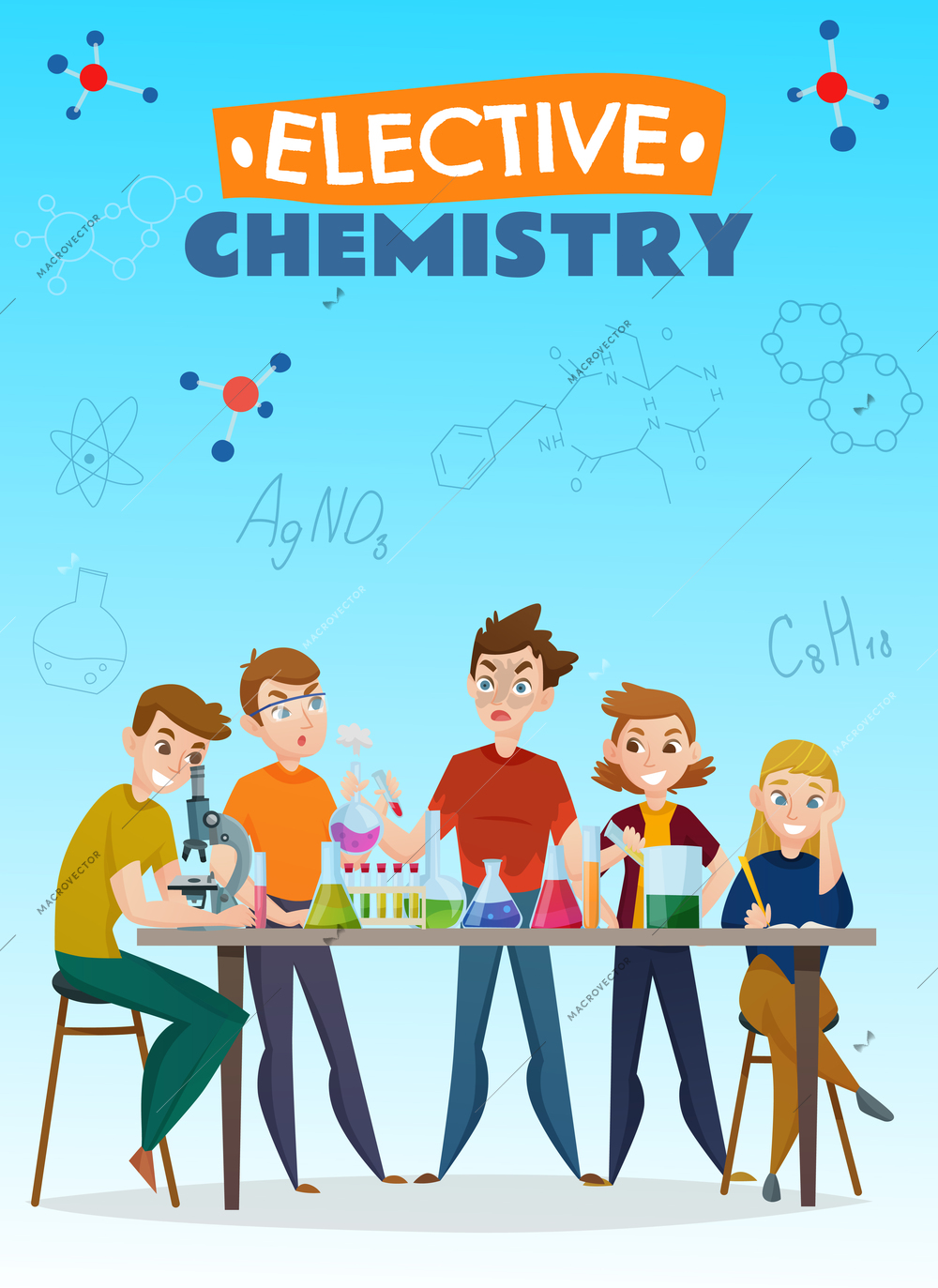 Elective chemistry cartoon poster, school students during lab experiment on blue background with formulas vector illustration