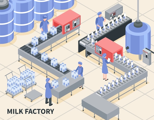 Process of milk packing on factory 3d isometric vector illustration