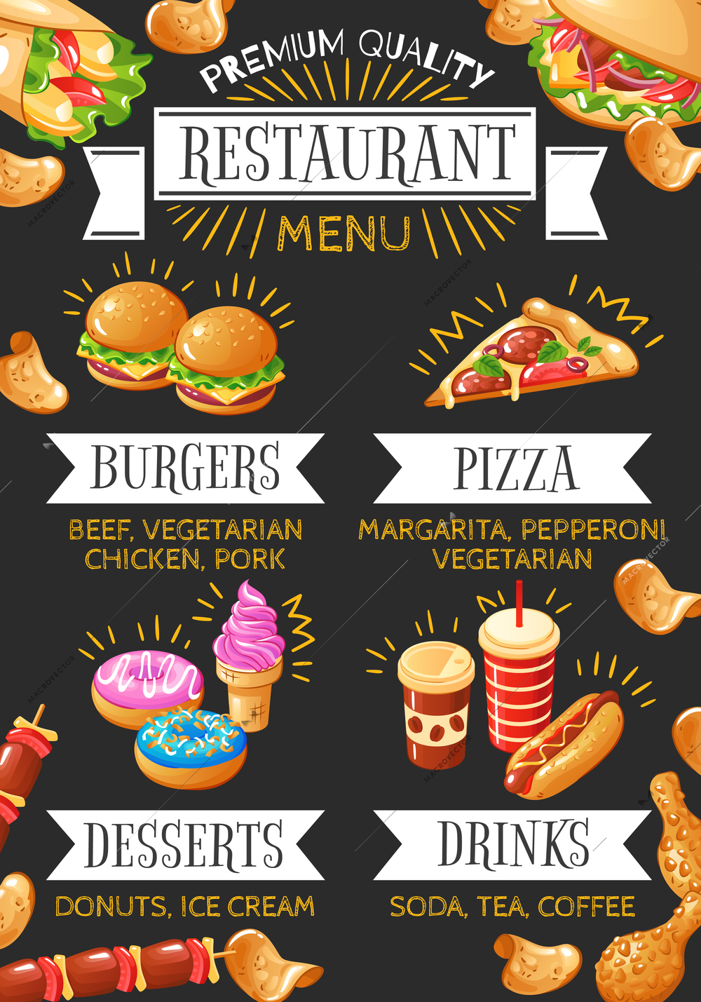 Colorful menu of fast food restaurant with burgers pizza desserts and drinks on black background flat vector illustration