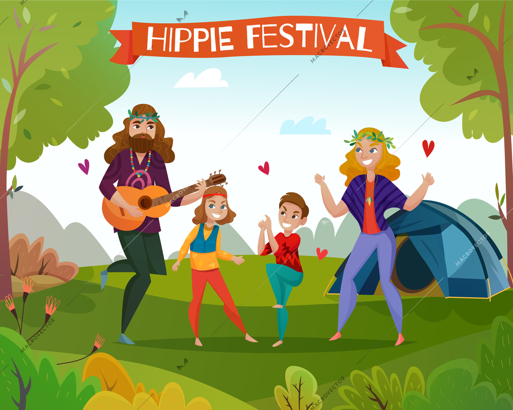 Family couple with kids during dance at hippie festival on nature background cartoon vector illustration