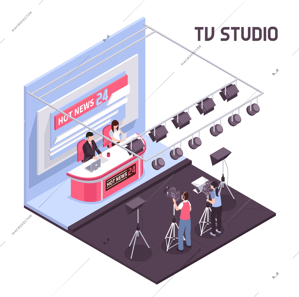 Hot news live broadcasting from tv studio concept on white background 3d isometric vector illustration