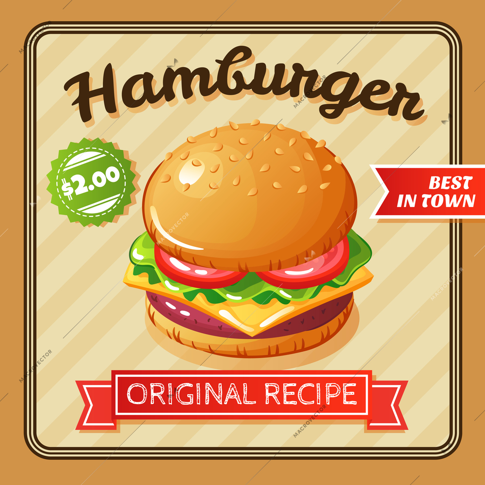 Flat design poster with delicious hamburger with cheese and vegetables vector illustration