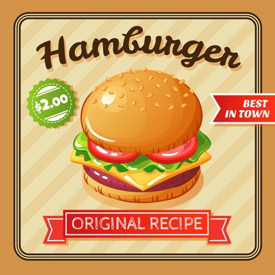 Flat design poster with delicious hamburger with cheese and vegetables vector illustration