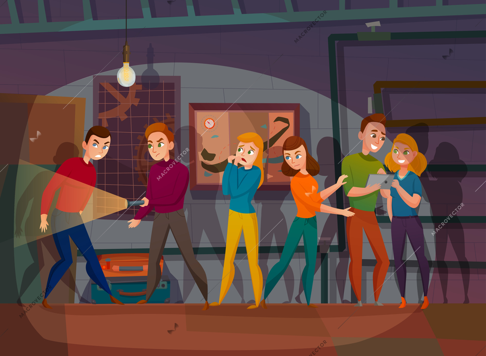 Human characters during mission of quest reality in dark space cartoon vector illustration