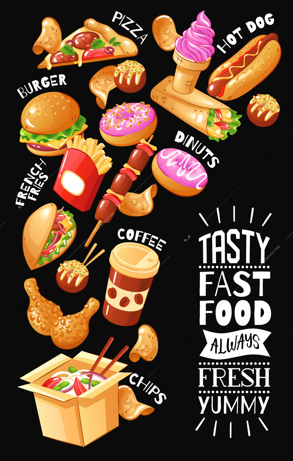 Flat design poster with menu for fast food cafe with burgers pizza drinks chicken desserts on black background vector illustration