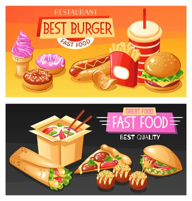 Flat set of horizontal banners with best fast food dishes and drinks on colorful backgrounds isolated vector illustration
