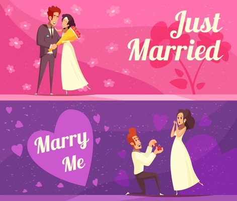 Newlyweds cartoon banners on pink and purple background, just married persons and engagement ceremony isolated vector illustration