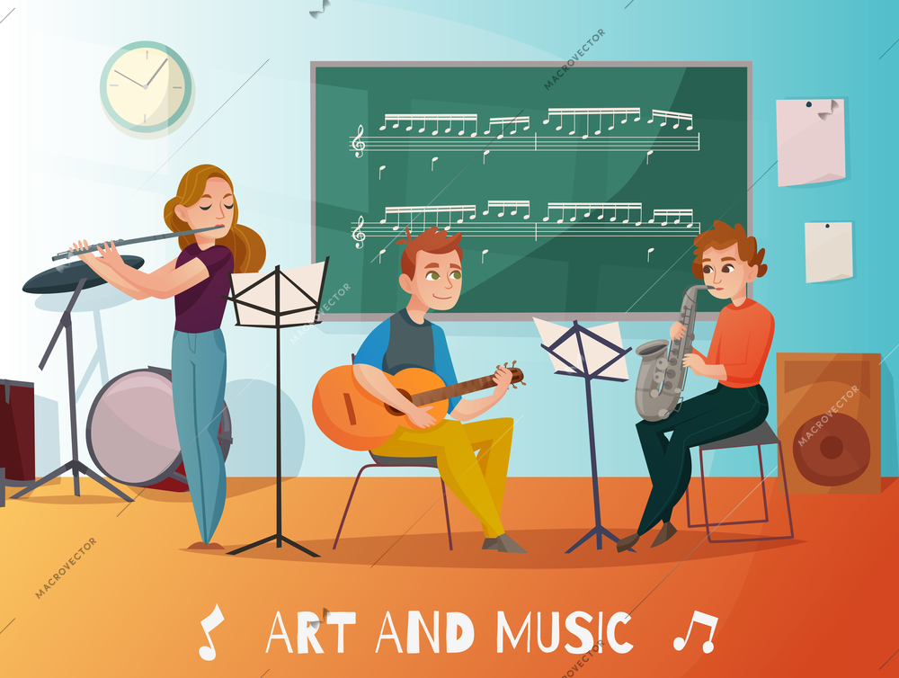 Music lesson in school, students playing saxophone, guitar and flute, chalk board  with notes cartoon vector illustration