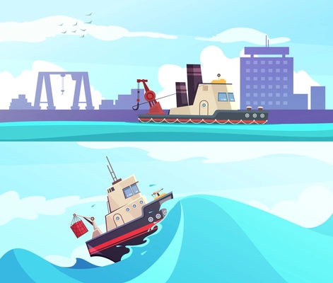 Nautical horizontal banners with fishing ship on wave and vessel on city port background isolated vector illustration