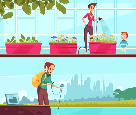 Eco volunteering cartoon horizontal banners, growing of flowers, water testing in pond or river isolated vector illustration