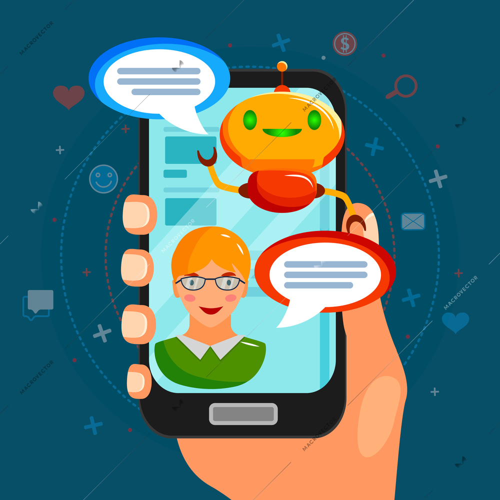 Chat bot flat composition with conversation between program and user on smart phone screen vector illustration