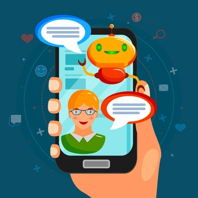 Chat bot flat composition with conversation between program and user on smart phone screen vector illustration