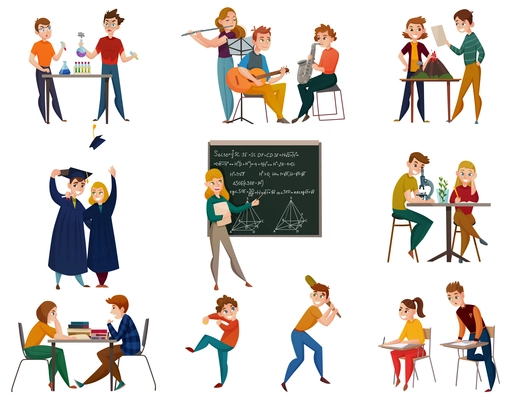 School students during chemistry, geography, physical training, music, teacher near board, graduates, cartoon set isolated vector illustration