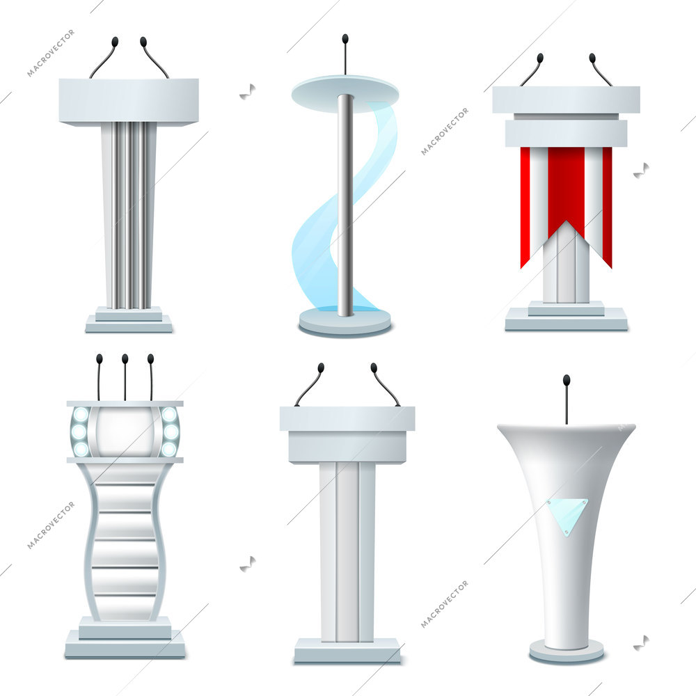 Set of realistic tribunes of white color with various design elements and microphones isolated vector illustration