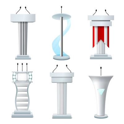 Set of realistic tribunes of white color with various design elements and microphones isolated vector illustration