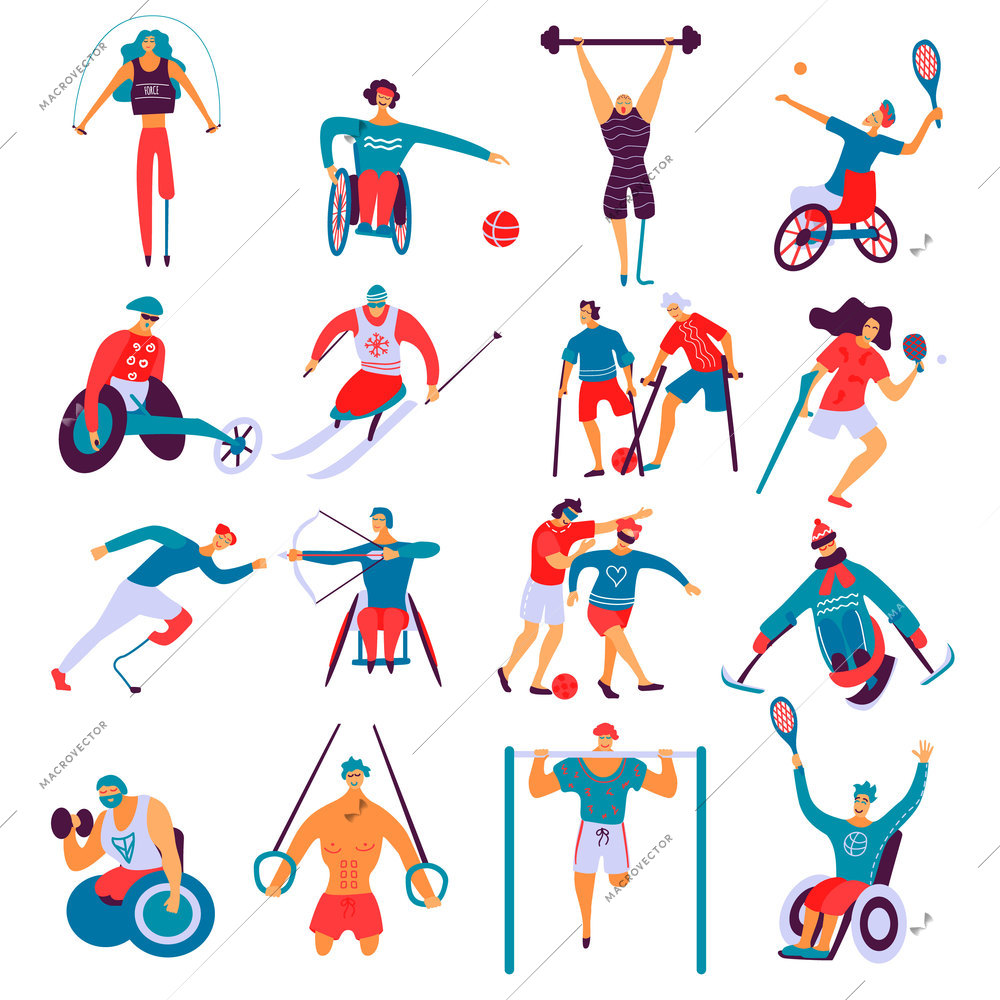 Disabled people during doing sport including gymnastics, archery, skiing, biking, set of flat icons isolated vector illustration