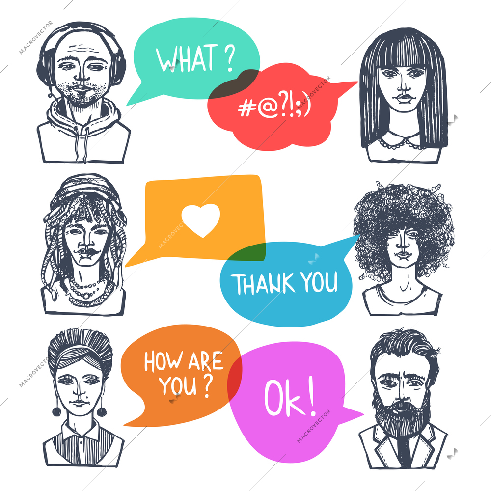 Sketch grunge males and females group of people with speech bubbles vector illustration.