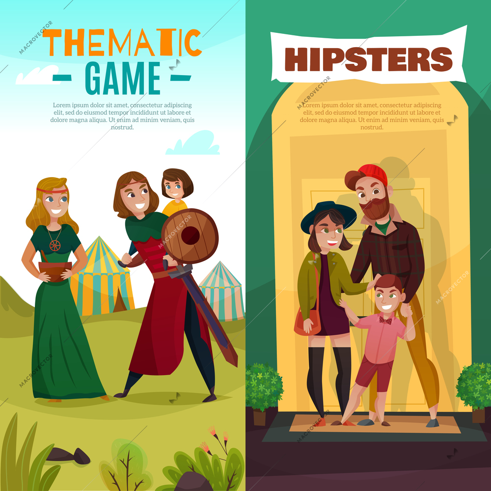 Subcultures cartoon banners, family of hipsters in trendy clothing and people during thematic game isolated vector illustration