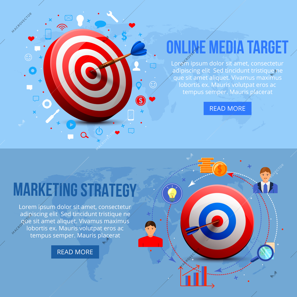 Horizontal banners with realistic aims for online media targeting and marketing strategy, blue background isolated vector illustration