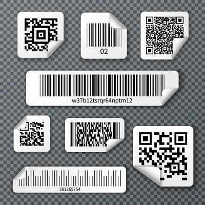 Set of stickers qr and linear bar codes with bent corner on transparent background isolated vector illustration