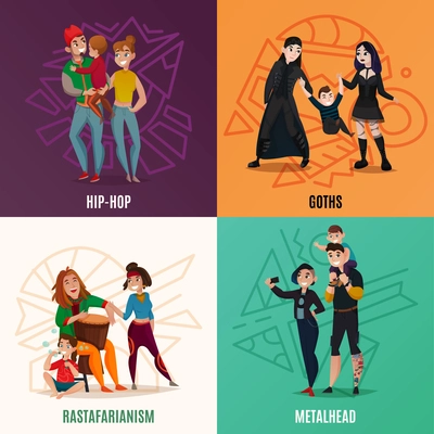 Subcultures hip hop, goths,  rastafarians, metalheads, family couple with child cartoon design concept isolated vector illustration