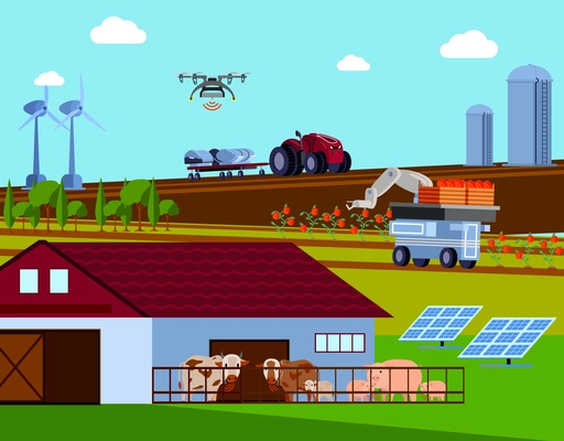 Smart farming orthogonal flat composition with automated agricultural vehicles, green energy, cattle with radio signal vector illustration