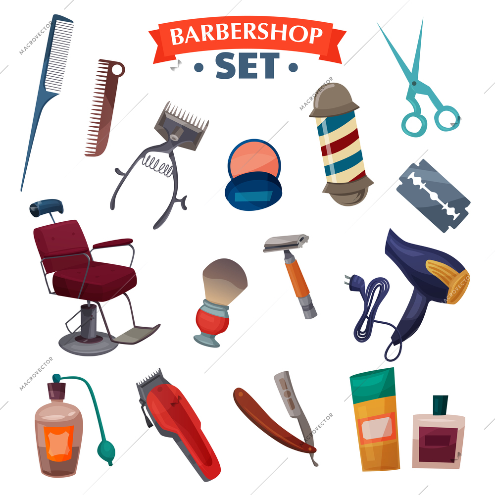 Barber shop cartoon set with chair, professional accessories for shaving and hair cut, perfume isolated vector illustration