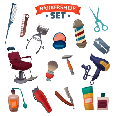 Barber shop cartoon set with chair, professional accessories for shaving and hair cut, perfume isolated vector illustration