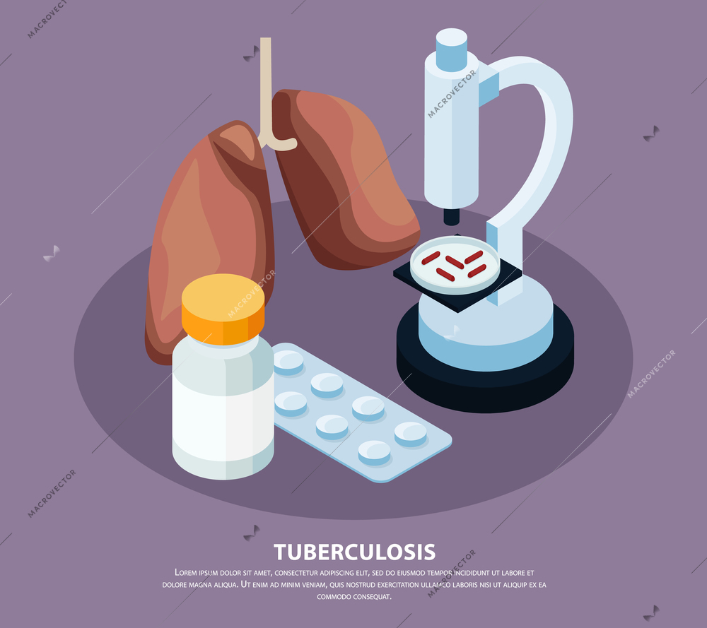 Tuberculosis prevention isometric concept with lungs and bacteria symbols vector illustration