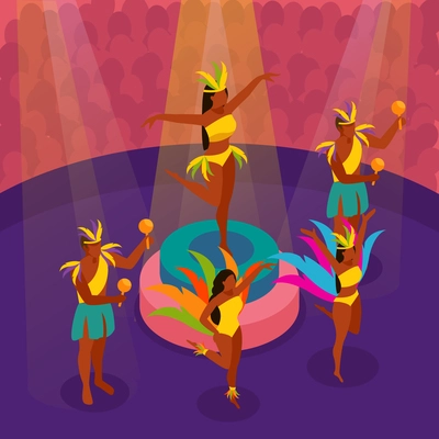 Brazilian carnival dancing with festival and fun symbols isometric vector illustration