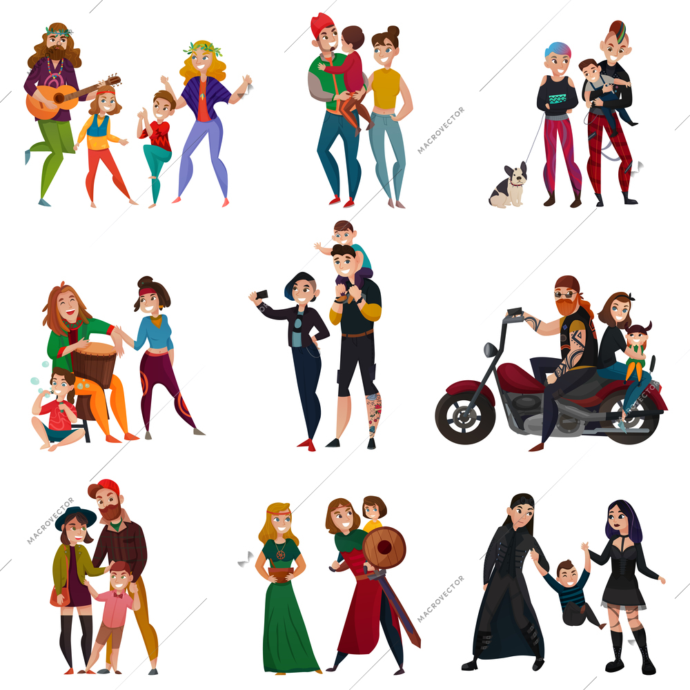 Various subcultures, families of hippie, rastafarians, bikers, punks, metalheads, goths, hipsters cartoon set isolated vector illustration