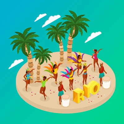 Brazilian carnival concept with dancing people and beach symbols isometric vector illustration