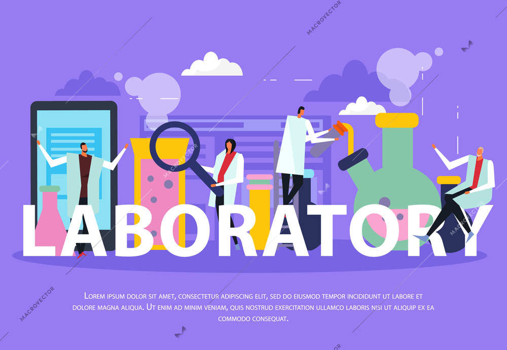 Science lab background with theory test and experiment symbols flat vector illustration