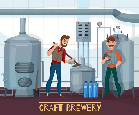 Craft brewery, smiling workers during beer production on industrial equipment cartoon vector illustration
