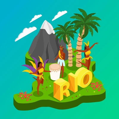 Brazilian carnival concept with dancing people and nature symbols isometric vector illustration