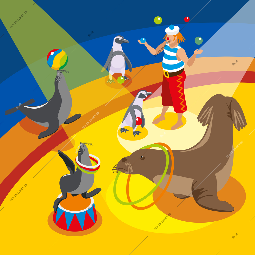 Sea circus isometric composition with juggling clown and animals performing spectacle on arena vector illustration