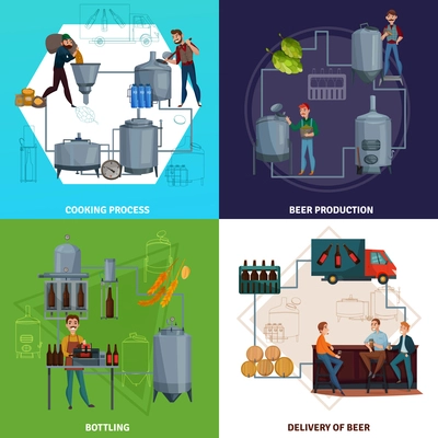 Workers during beer production including brewing process and bottling, product delivery cartoon design concept isolated vector illustration