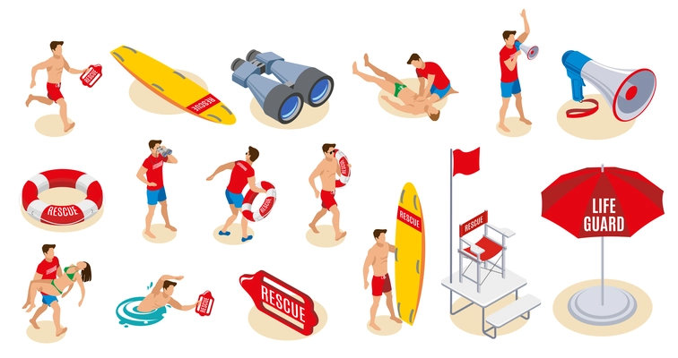 Beach lifeguards inventory isometric icons  set of binocular loudspeaker umbrella lifebuoy surfboard chair with flag isolated vector illustration